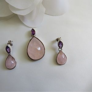 Beautiful set of Rose Quartz and Amethyst pendant and earrings